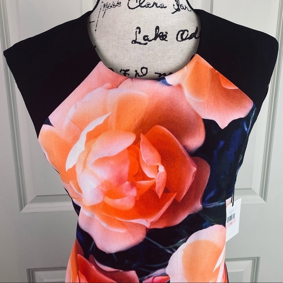 NWT Calvin Klein Floral Sheath Black Dress - Picture 3 of 8